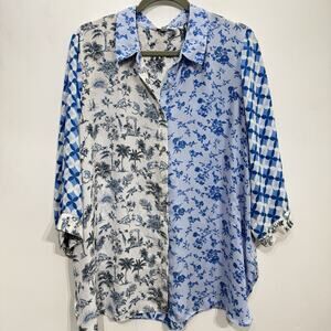 Rose + Olive Floral Patchwork Boho Button Up Top Sz 2X Blue Peasant Cottage Boho